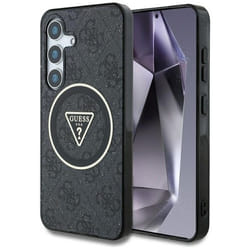 Coque Guess 4G Glitter Triangle Buttons MagSafe pour Samsung Galaxy S25+ (noir)