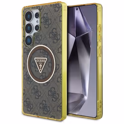 Coque Guess 4G Glitter Triangle Buttons MagSafe pour Samsung Galaxy S25 Ultra (marron)