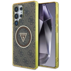 Coque Guess 4G Glitter Triangle Buttons MagSafe pour Samsung Galaxy S25 Ultra (marron)