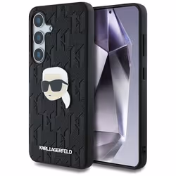 Coque en cuir avec monogramme Karl Lagerfeld et logo Karl Head pour Samsung Galaxy S25+ (noire)
