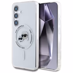 Coque MagSafe pour Samsung Galaxy S25+ avec logo Karl Lagerfeld et têtes de chouette (blanche)