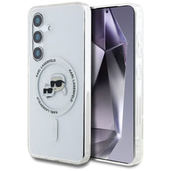 Coque MagSafe pour Samsung Galaxy S25+ avec logo Karl Lagerfeld et têtes de chouette (blanche)