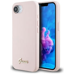 Coque Guess en silicone avec logo en métal MagSafe pour iPhone 16e (rose)