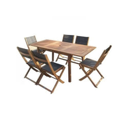 Ensemble repas de jardin 4 a 6 personnes - Table extensible 120/180 x 80 cm + 6 chaises assises textilene - Bois Eucalyptus fsc