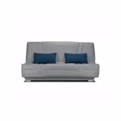 Banquette clic clac BELYNDA Comfort BULTEX - Tissu Gris + Coussins déco bleu - L193 x P95 x H101cm. Le canapé vous séduira pa ...