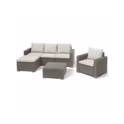 Cet agréable salon de jardin de couleur beige se compose d'une banquette 3 places, d'un fauteuil, d'un pouf et d'une table ba ...