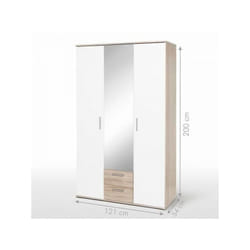 Armoire battante - Panneaux de particules - Blanc et chene - 3 portes et 2 tiroirs + miroir - l 121 x p 54 x h 200,1 cm - selkea