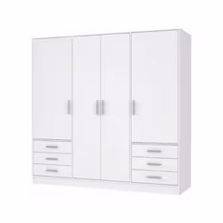 Cette grande armoire de chambre JUPITER de style contemporain et design est composée de 4 portes battantes, 6 tiroirs, une pa ...
