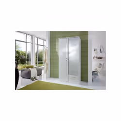 Armoire 2 portes 1 miroir et 2 tiroirs de 91 cm sur H200cm. Porte et tiroirs laqués blanc, tablette et tringle. Sur le bas se ...