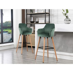 Tabouret de bar en velours et pieds bois de hêtre - Vert foncé - ELEANA
