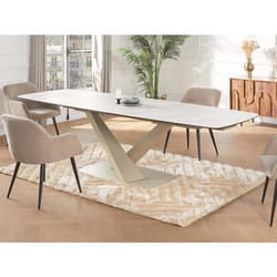 Table à manger extensible 6 à 10 personnes en verre trempé céramique et métal - Effet marbre blanc et beige - MALATA de Maison