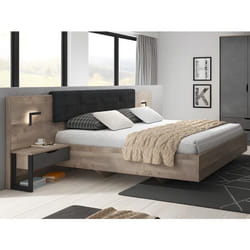 Lit avec chevets 160 x 200 cm - Avec LEDs - Coloris : Naturel et anthracite - LAONILE