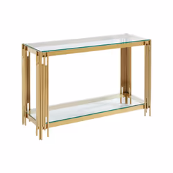 La console NOMELANO dispose d'un double plateau en verre trempé entouré d'une structure élégante et d'un piètement en acier i ...