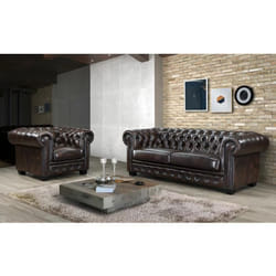 Canapé chesterfield 3 places et un fauteuil BRENTON 100% cuir de buffle - Marron reflets châtains