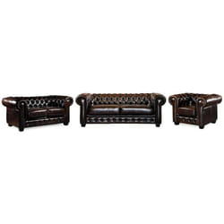 Canapés chesterfield 3 places 2 places et un fauteuil BRENTON 100% cuir de buffle - Marron reflets châtains