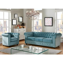 Canapé 3 places et fauteuil CHESTERFIELD - Velours bleu pastel