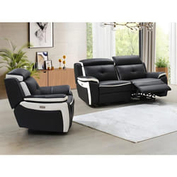 Canapé 3 places et un fauteuil relax électrique en cuir ANGELIQUE - Noir/blanc