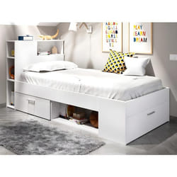 Lit avec tête de lit rangements et tiroir - 90 x 190 cm - Blanc + matelas + sommier - LEANDRE