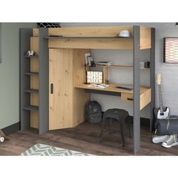 Vente-unique - Lit Mezzanine Avec Bureau Et Armoire - 90 X 200 Cm - Coloris : Chêne Et Anthracite + Matelas - Auckland