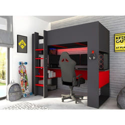 Lit Mezzanine Gamer Noah Avec Bureau Et Rangements Intégrés - 90 X 200 Cm - Avec Leds - Anthracite Et Rouge + Matelas