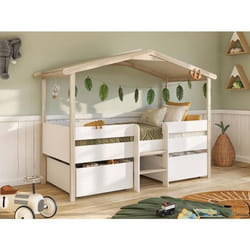 Lit cabane SAROSI avec tiroirs - 90 x 190 cm - Tilleul - Blanc et chêne + matelas