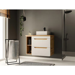 Vente-unique - Meuble De Salle De Bain Suspendu Simple Vasque Et Niches - Coloris Naturel Et Blanc - 80 Cm - Aruba