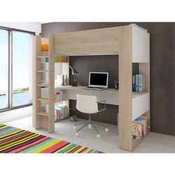 Lit Mezzanine Avec Bureau Et Rangements Intégrés - 90 X 200 Cm - Chêne Et Blanc + Matelas - Noah Ii
