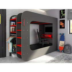 Lit Mezzanine Gamer 90 X 200 Cm - Avec Bureau Et Rangements - Avec Leds - Anthracite Et Rouge + Matelas - Warrior