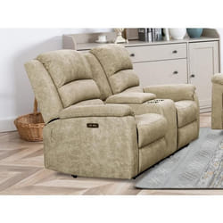 Canapé 2 places relax électrique en tissu taupe avec tablette NEVERS