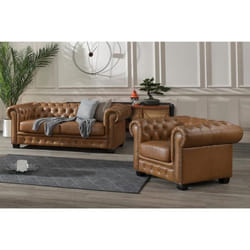 Canapé chesterfield 3 places et un fauteuil BRENTON 100% cuir de buffle premium - Caramel vintage