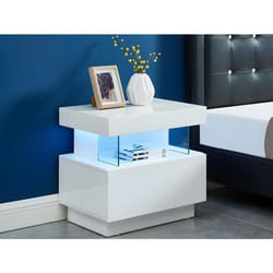 Table de chevet 1 tiroir et 1 niche - Avec LEDs - MDF - Blanc laqué - FABIO II