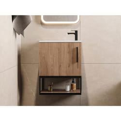 Meuble lave-main suspendu avec niche et vasque blanche - 40 cm - Coloris naturel clair - LOPENA
