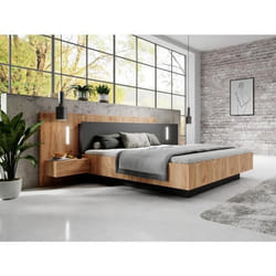 Lit avec chevets 160 x 200 cm - 2 tiroirs - Avec LEDs - Coloris : Naturel et anthracite - FRANCOLI
