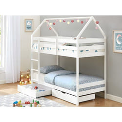 Lits Superposés Cabane 2 X 90 X 190 Cm - 2 Tiroirs - Pin - Blanc + Matelas - Chori