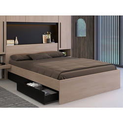 Lit Pont 160 X 200 Cm Avec Rangements - Avec Leds - Coloris : Naturel Et Noir - Velona