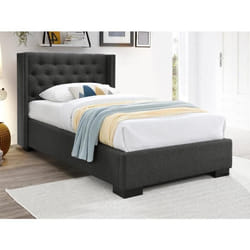 Lit 90 x 200 cm avec tête de lit capitonnée - Tissu - Gris + Matelas - MASSIMO II
