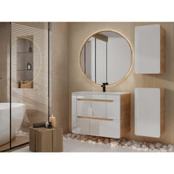Meuble de salle de bain suspendu avec vasque à encastrer et deux colonnes - 80 cm - Coloris naturel et blanc - ARUBA