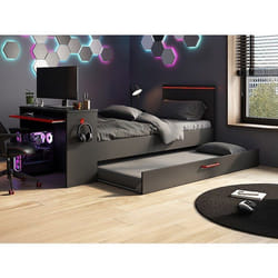 Vente-unique - Lit Gigogne Gamer 90 X 200 Et 90 X 190 Cm - Avec Bureau - Leds - Anthracite Et Rouge + Matelas + Sommier - Vouani