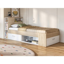 Vente-unique - Lit Avec Tête De Lit Rangements Et Tiroir - 90 X 190 Cm - Blanc Et Naturel + Matelas + Sommier - Leandre