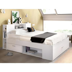 Lit avec tête de lit rangements et tiroirs - 140 x 190 cm - Coloris : Blanc + Sommier - LEANDRE