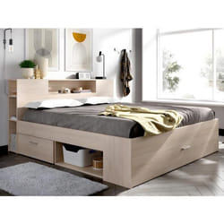 Lit avec tête de lit rangements et tiroirs - 140 x 190 cm - Coloris : Naturel + Sommier - LEANDRE