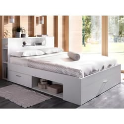 Lit avec tête de lit rangements et tiroirs - 160 x 200 cm - Coloris : Blanc + Sommier - LEANDRE