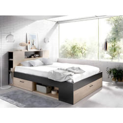 Lit avec tête de lit rangements et tiroirs - 160 x 200 cm - Coloris : Naturel et anthracite + Sommier - LEANDRE