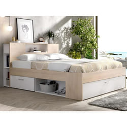 Lit avec tête de lit rangements et tiroirs - 140 x 190 cm - Coloris : Naturel et blanc + Sommier + Matelas - LEANDRE