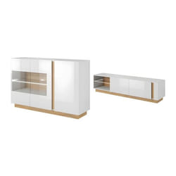 Ensemble buffet et meuble TV blanc brillant et naturel - Séjour lumineux MURARI