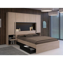Lit Pont 160 X 200 Cm Avec Rangements - Avec Leds - Coloris : Naturel Et Noir + Sommier - Velona