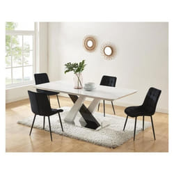 Table à manger 8 personnes en MDF et acier inoxydable - Effet marbre blanc et noir - EVAELA