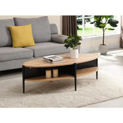 Table basse ovale avec 4 niches en MDF et métal - Naturel clair et noir - EVARO