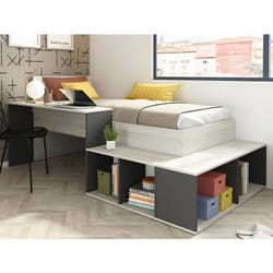 Lit combiné 90 x 200 cm avec rangements et bureau - Coloris : Naturel et anthracite + Sommier - RIGALI