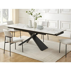 Table à manger extensible 6 à 10 personnes en céramique verre trempé et métal - Effet marbre blanc et Noir - LUMIEL de Maison